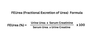 Formula for calculating Fractional Excretion of Urea (FEUrea), showing the ratio of urine to plasma urea divided by the ratio of urine to plasma creatinine, multiplied by 100%.